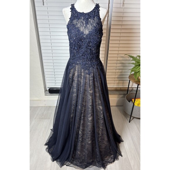 Xscape Navy Blue Lace Beaded tulle overlay Evening Gown Size 8 Formal Prom - Picture 1 of 17